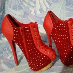 Red stiletto string up boots Size 5 and 1/2